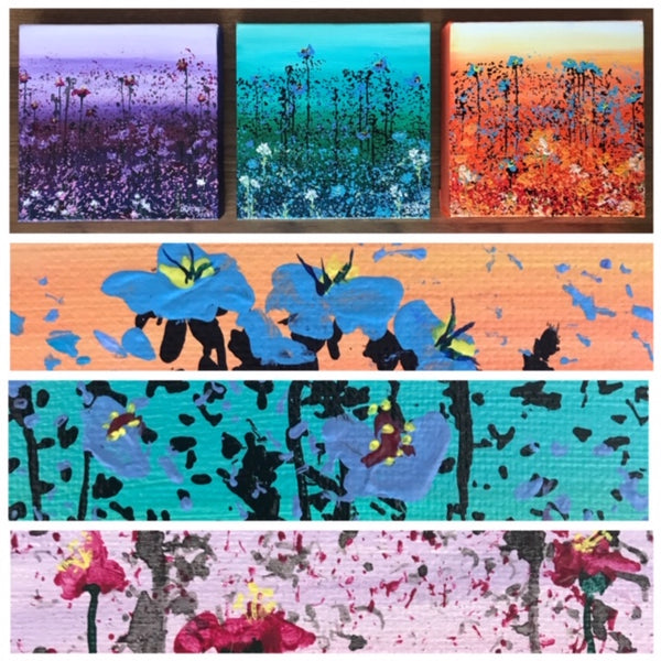 Image of the 3 artworks in the 'Field of Flowers Series' with close-up details of each