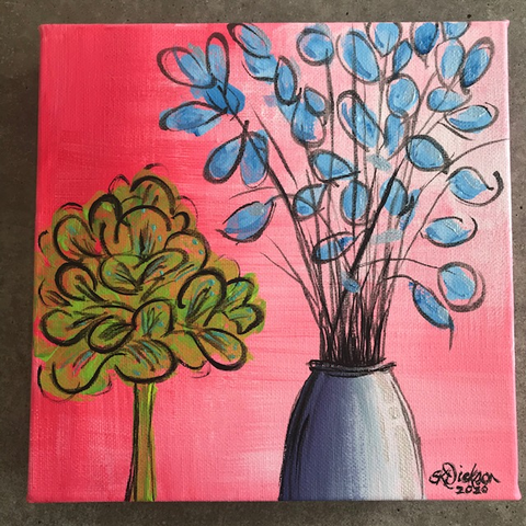 Painting of a vase of stems with blue leaves next to a green plant in a red room, painted in a POP style
