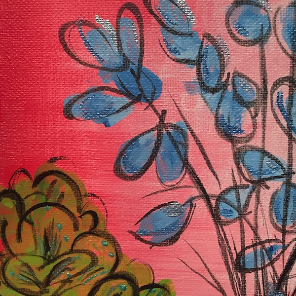 Closeup detail of blue leaves and green plant highlighting metallic paint accents