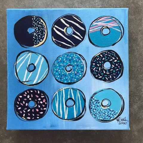 Painting of nine decorated iced donuts in a pop art style