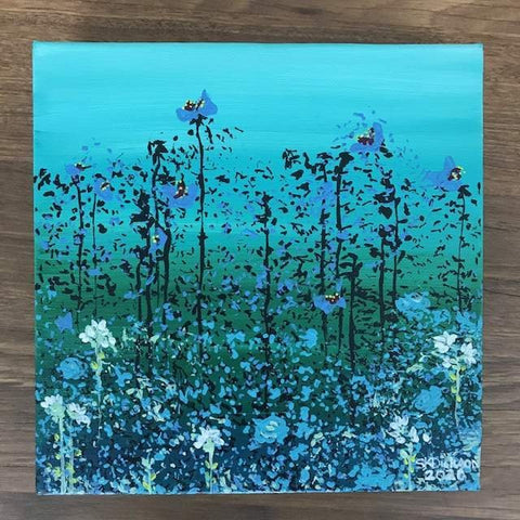 Painting of a field of blue, white and aqua flowers.
