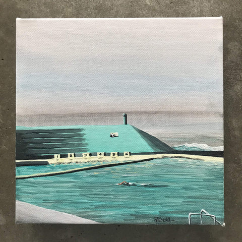 Realistic painting of Newcastle Ocean Baths on a stormy day with a lone swimmer in the foreground