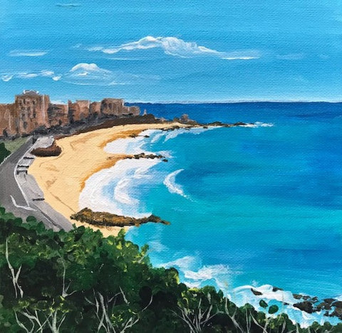 Painting of Newcastle beach with clear blue skies and Newcastle city beach buildings