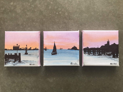 3 small paintings of Newcastle Harbour and foreshore at sunset with industrial and boating silhouettes