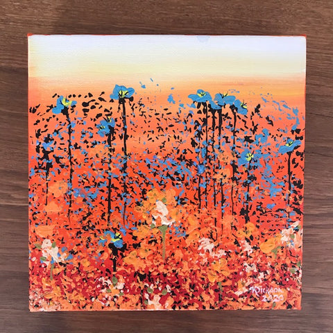 Painting of a field of wild spring flowers in blues, oranges and yellows