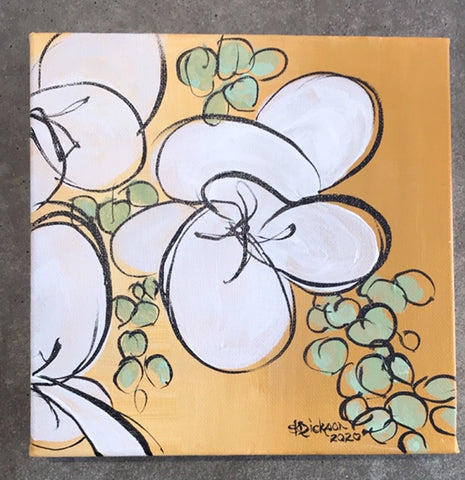 Painting of bold white lilies outlined by freeform linework with sage green leaves