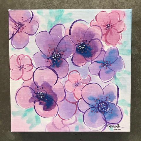 Painting of violets using translucent acrylic washes of purples, pinks and violet
