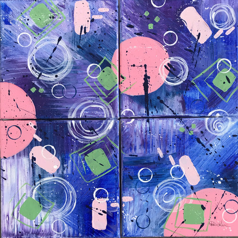 4 Panel Canvas: Green Squares, Pink Dots